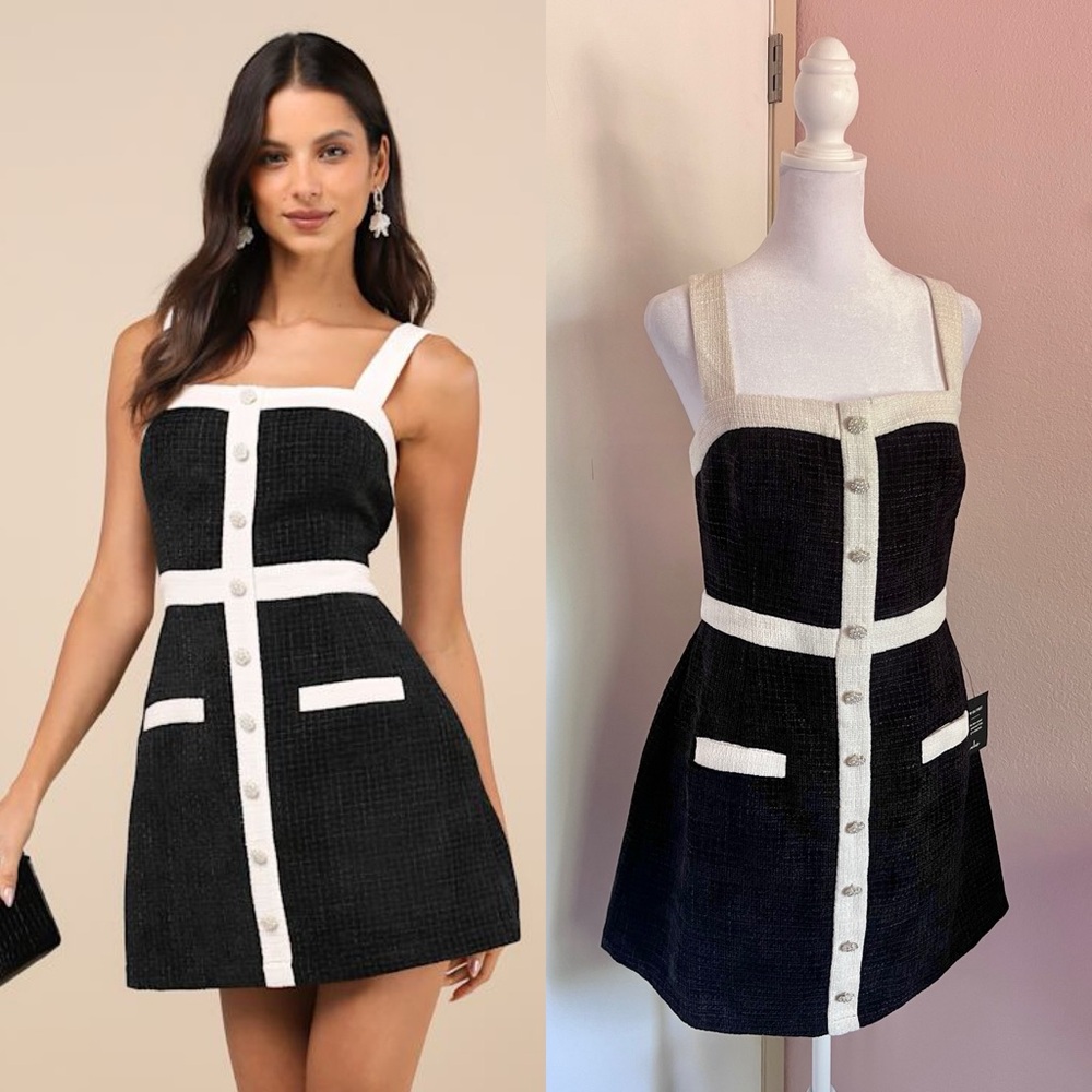 Divine Luxury Black and White Tweed Pearl Mini Dress